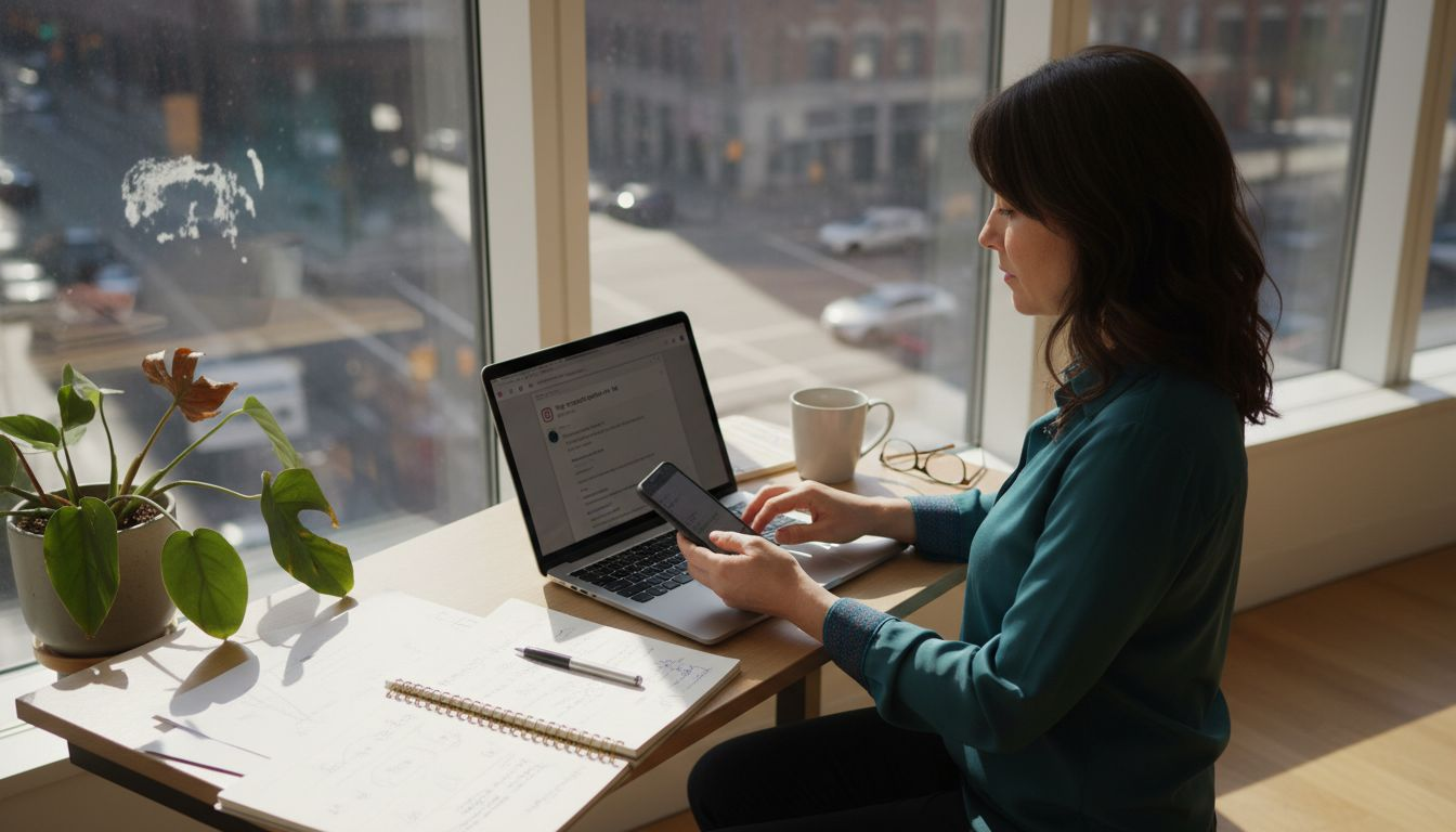 Woman messaging on Instagram at sunny office desk