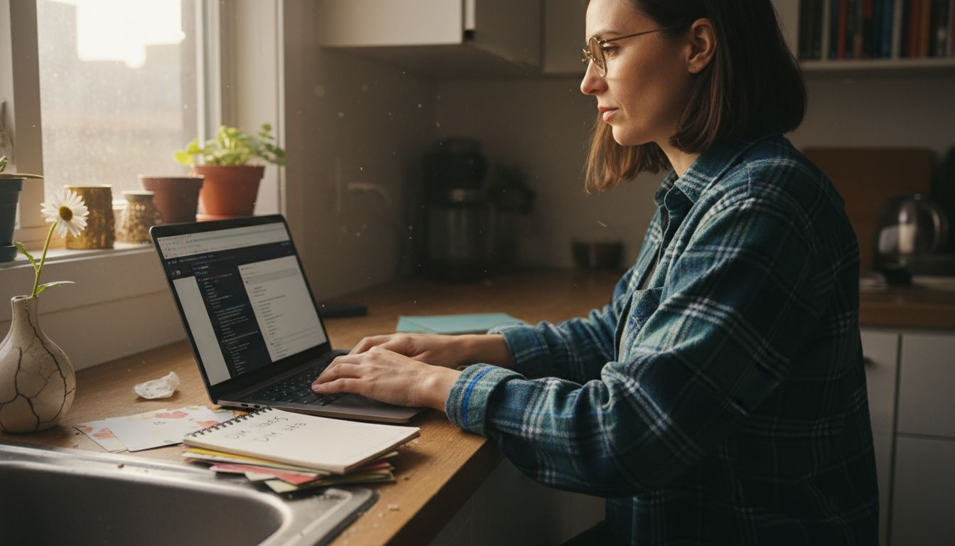 Woman using Instagram DM automation tool at kitchen counter