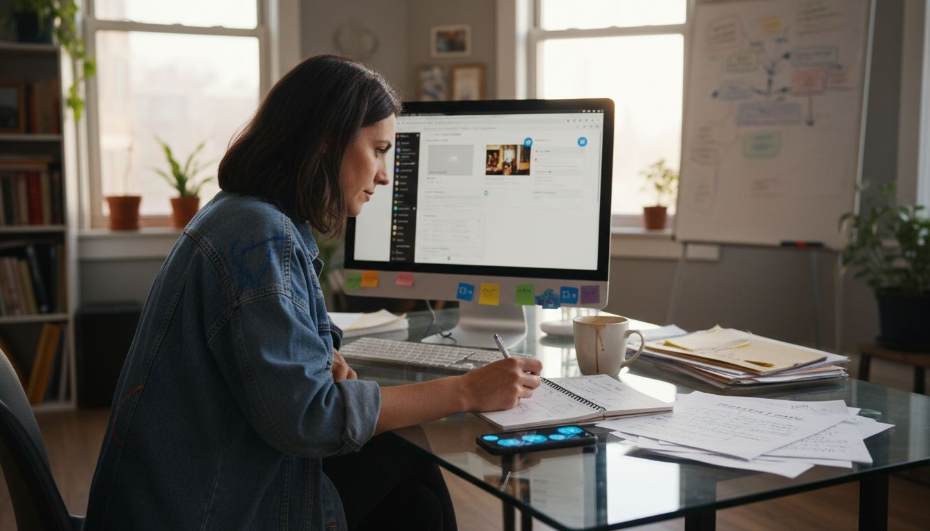 Woman automating social media tasks at desk