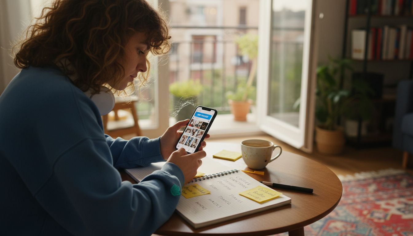 Content creator planning Instagram posts at home