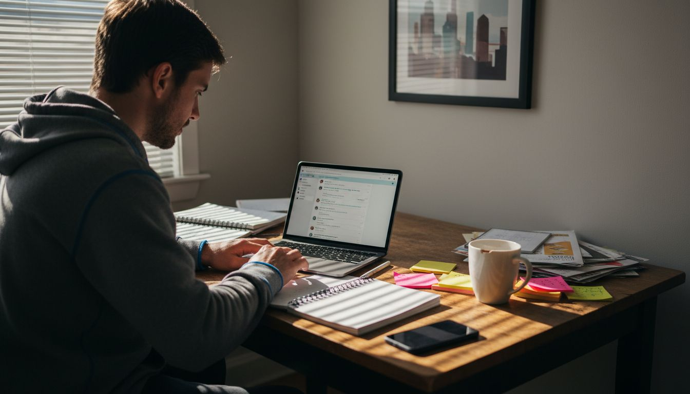 Man editing Instagram DM templates at kitchen table
