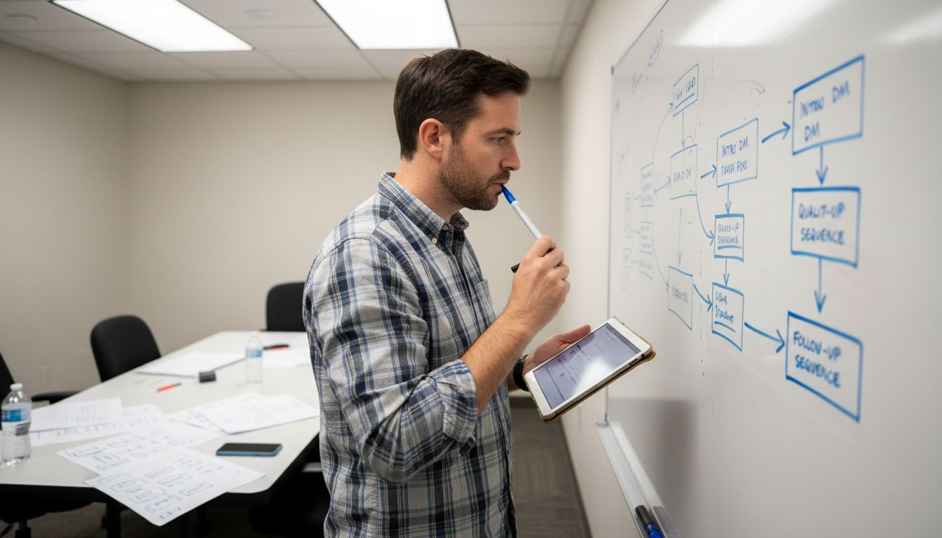 Consultant planning DM automation on whiteboard