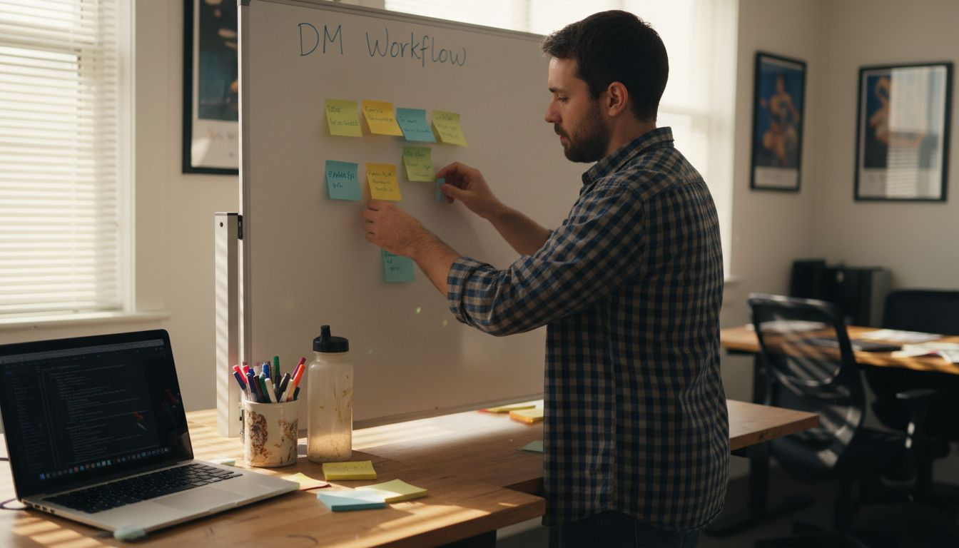 Man building DM workflow with sticky notes