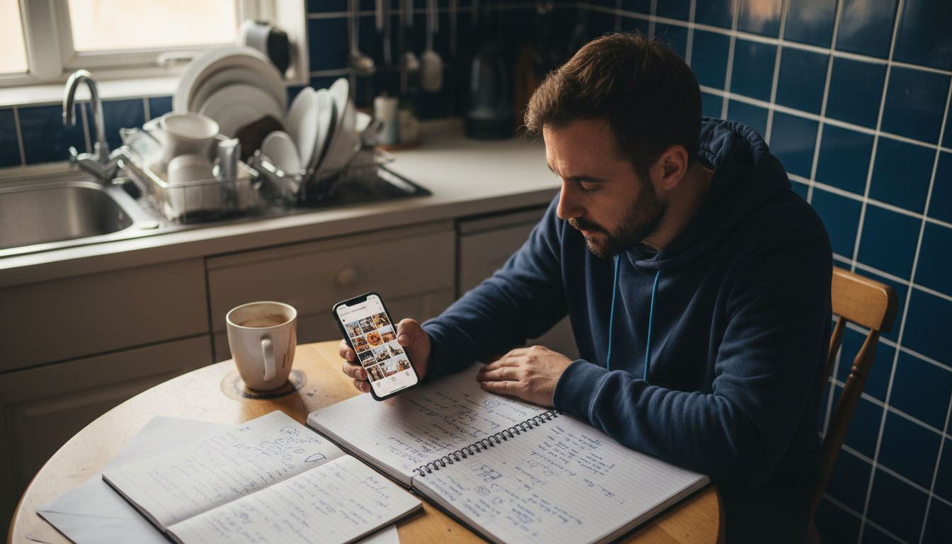 Influencer planning Instagram content at kitchen table