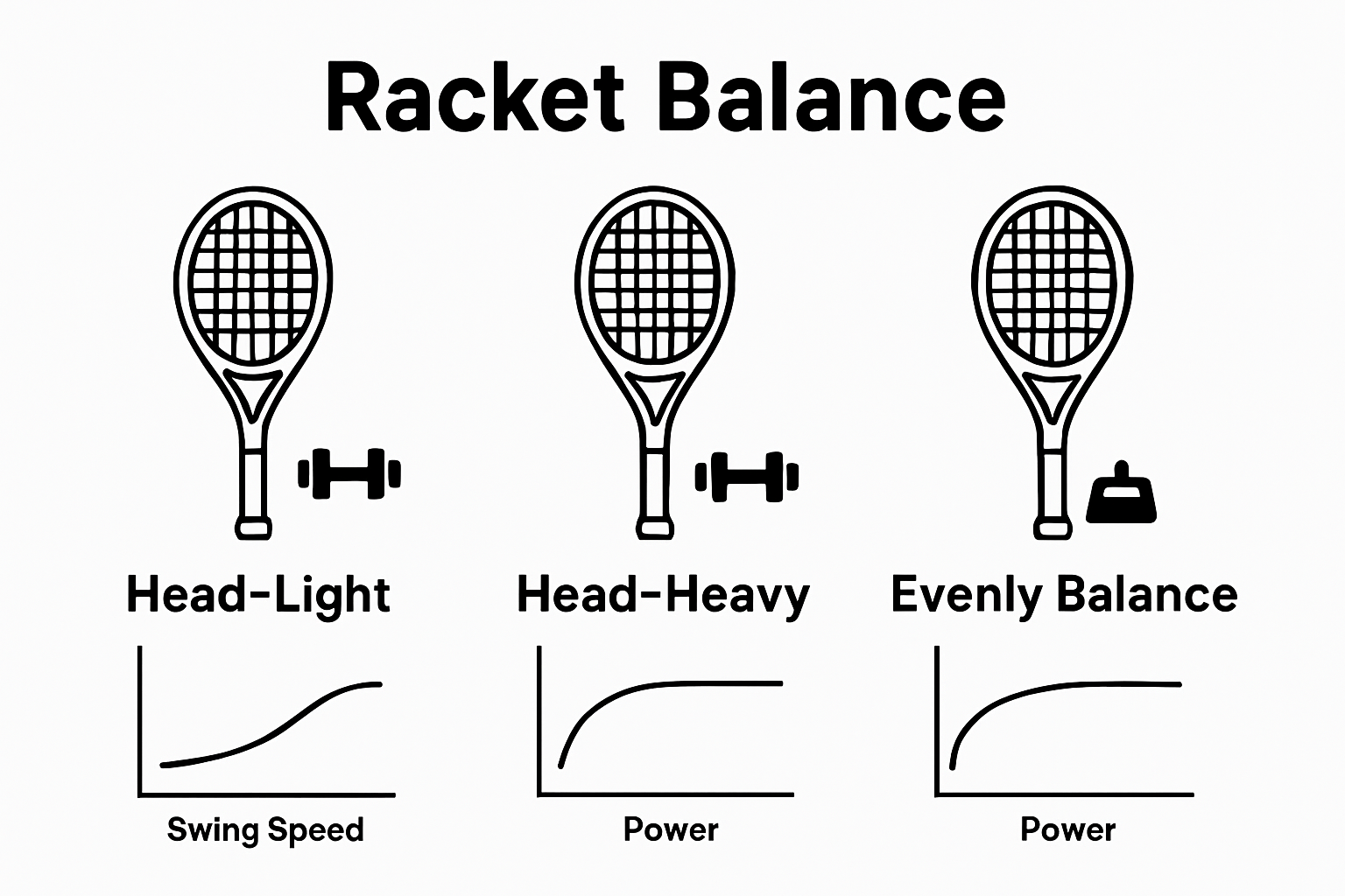 Infographic comparing head-light, head-heavy, and evenly balanced tennis rackets