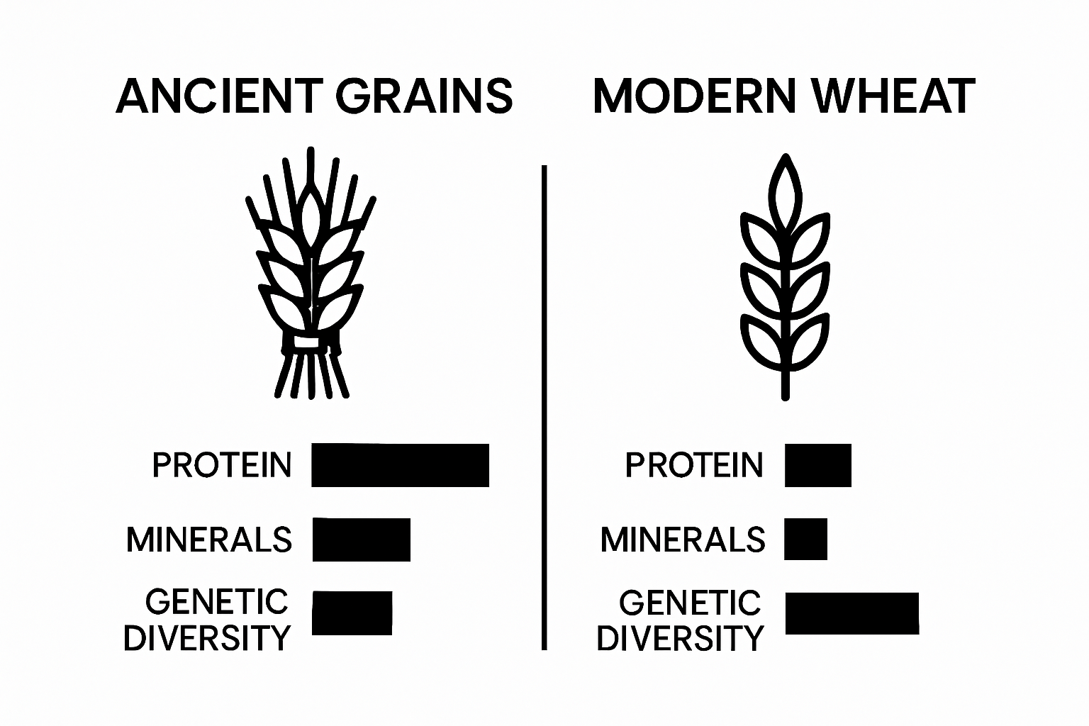 Simple chart comparing ancient grains and modern wheat on nutrition and diversity