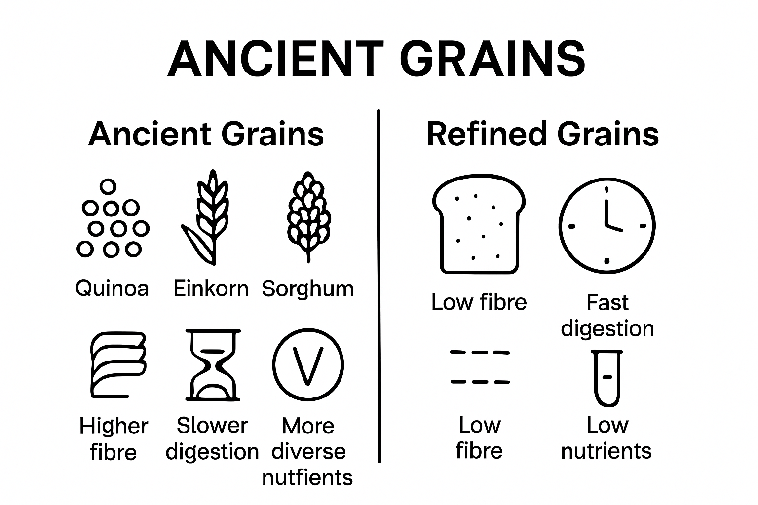Infographic comparing ancient grains vs. refined grains by fiber content, digestion speed, and nutrients