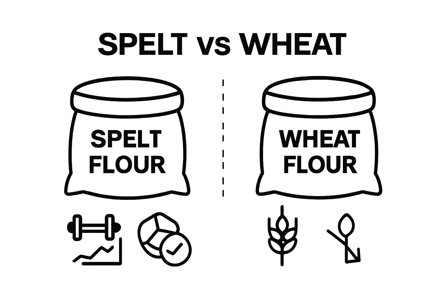 Clear comparison of spelt flour vs. wheat flour with icons for protein, minerals, gluten.