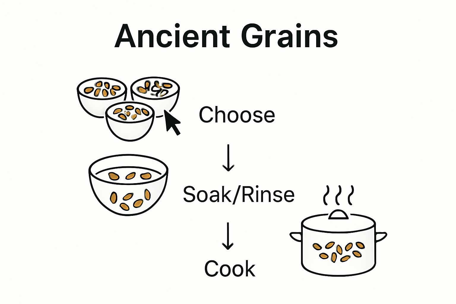 Three-step infographic: choosing, soaking, and cooking ancient grains.