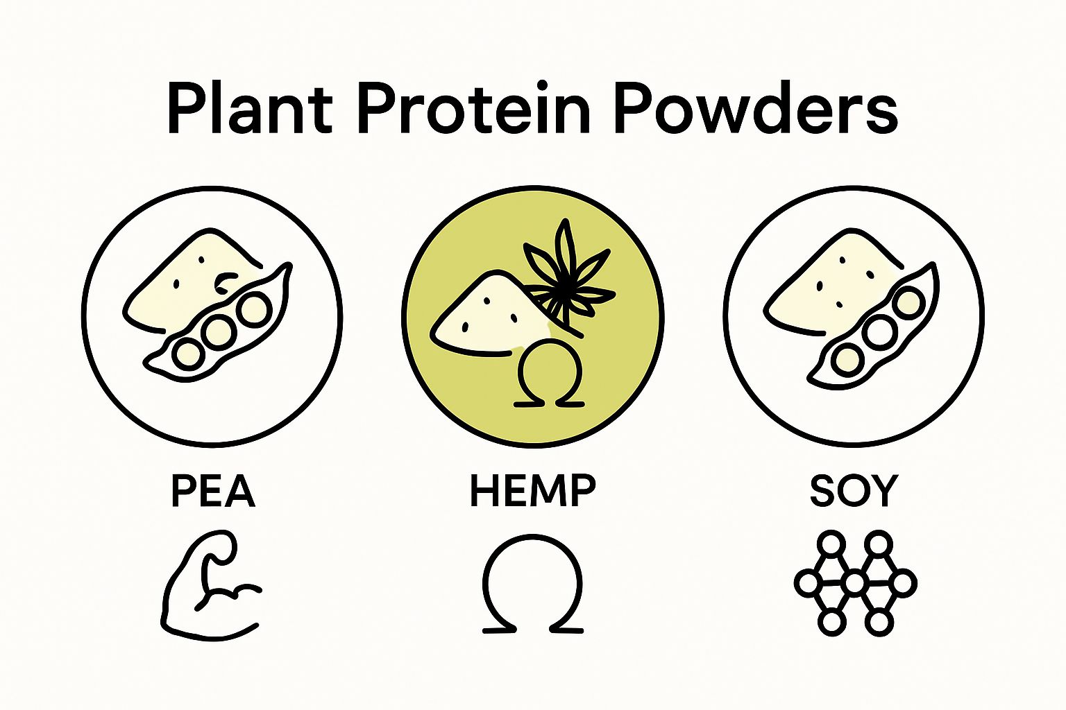 Simple infographic comparing pea, hemp, and soy protein powders