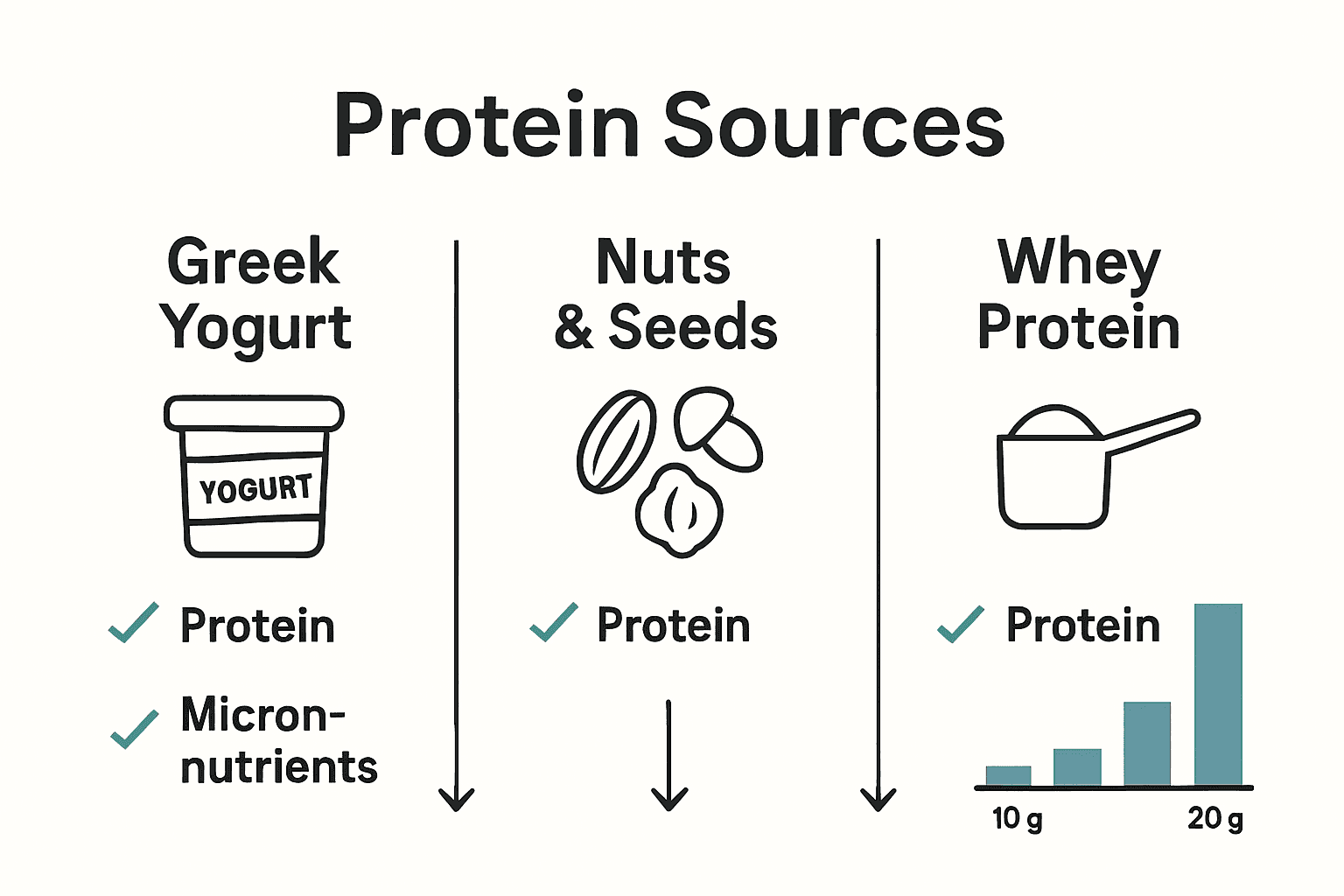 Infographic comparing Greek yoghurt, nuts and seeds, and whey protein in porridge.