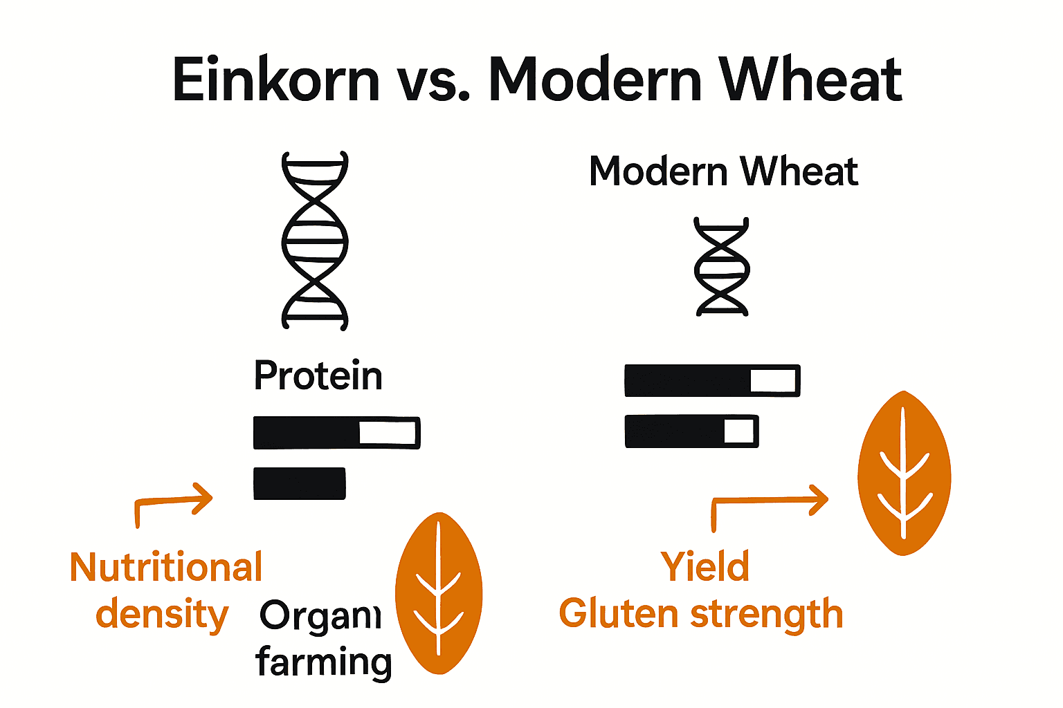 Infographic showing genetic and nutritional differences between einkorn and modern wheat