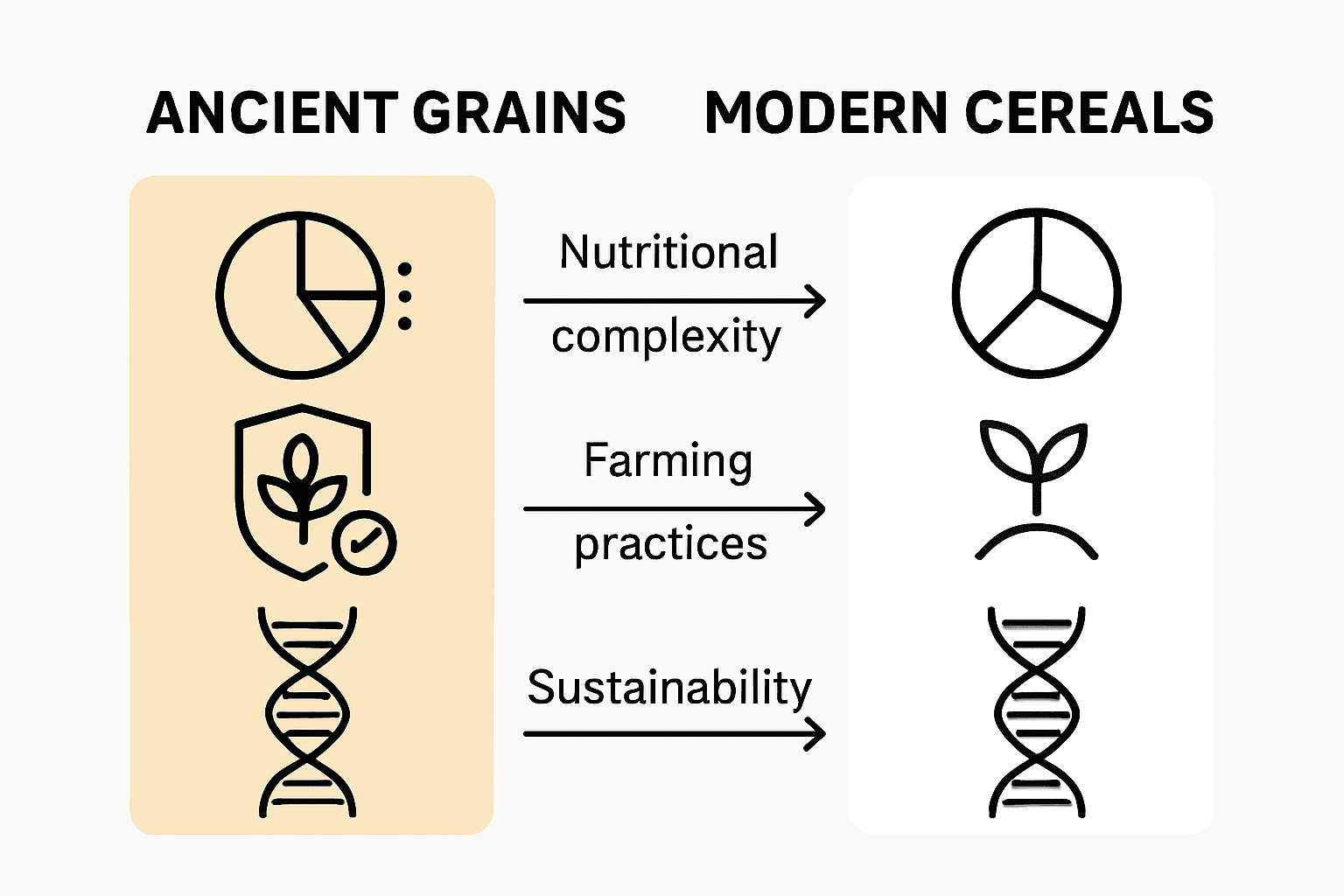 Infographic comparing nutritional and agricultural features of ancient grains and modern cereals