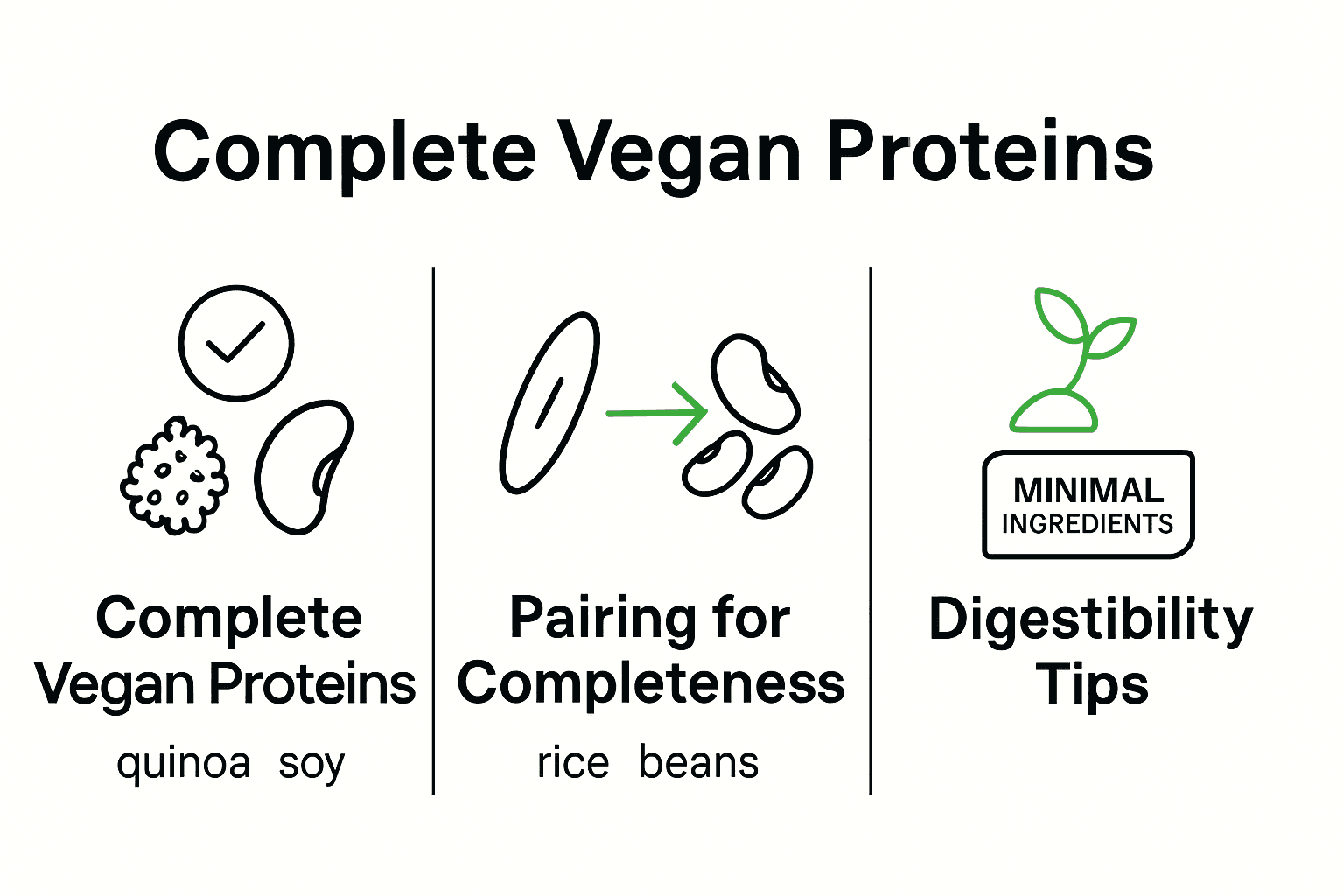 Infographic comparing complete vegan proteins, protein pairing, and digestibility tips with icons.
