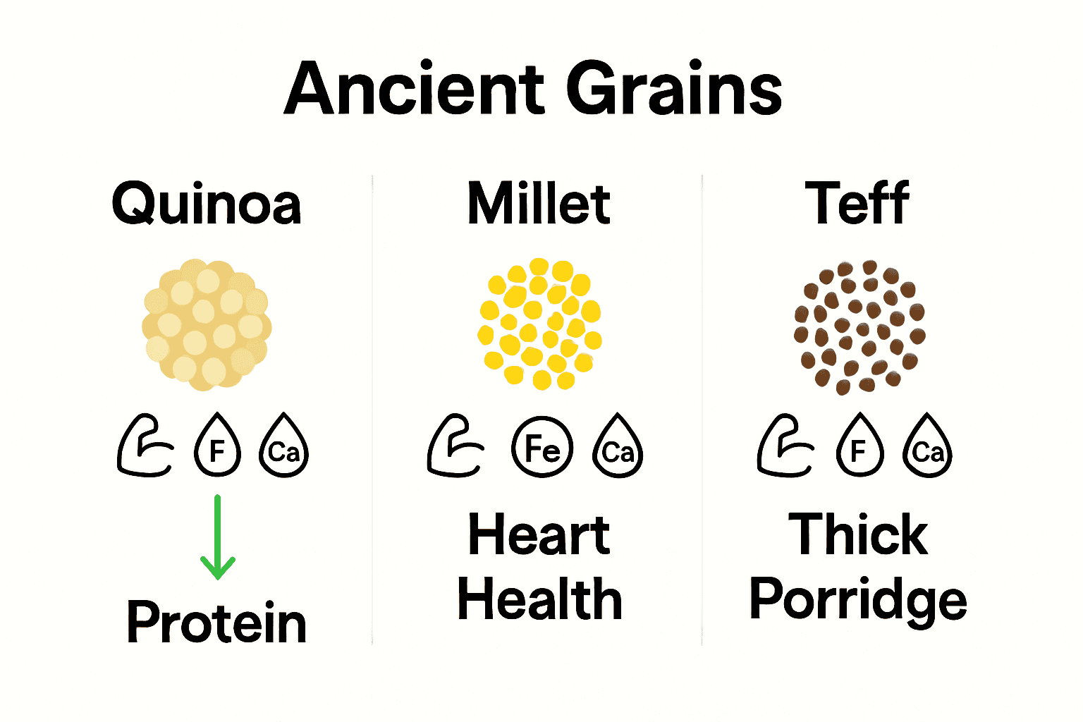 Infographic comparing quinoa, millet, and teff grains