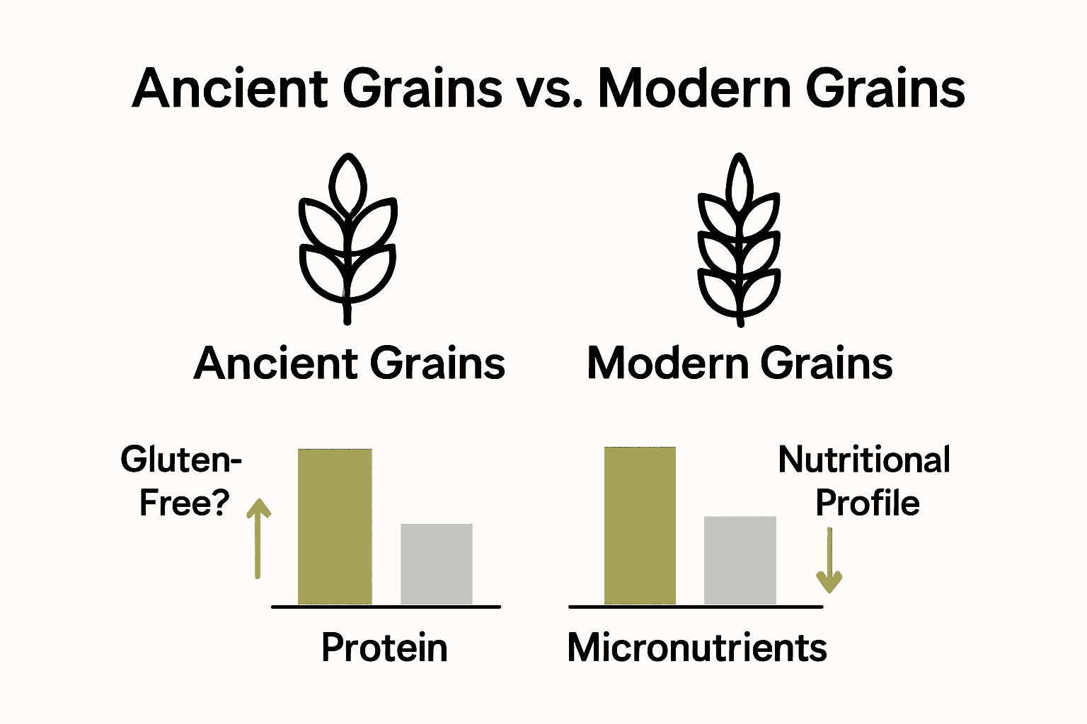 Infographic visually compares nutritional traits of ancient and modern grains.