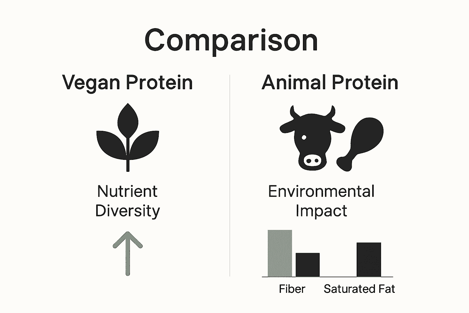 Infographic comparing vegan and animal protein sources by nutrition and environmental impact.