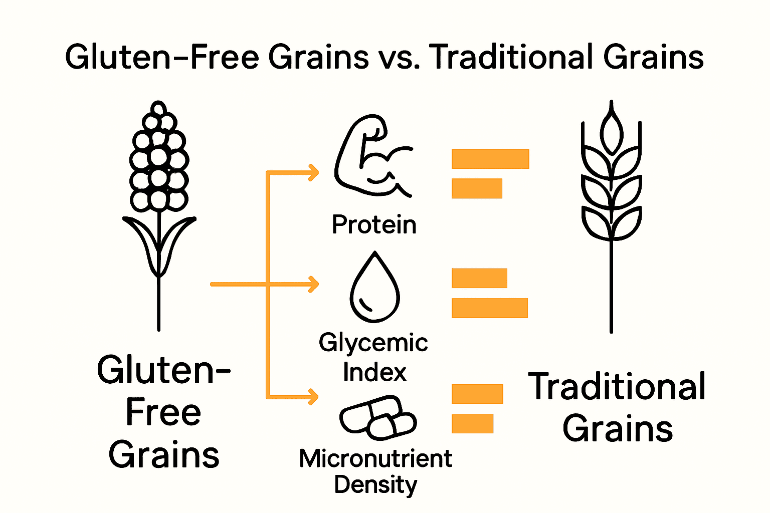Infographic comparing gluten-free grains and traditional grains by protein, glycemic index, and nutrients