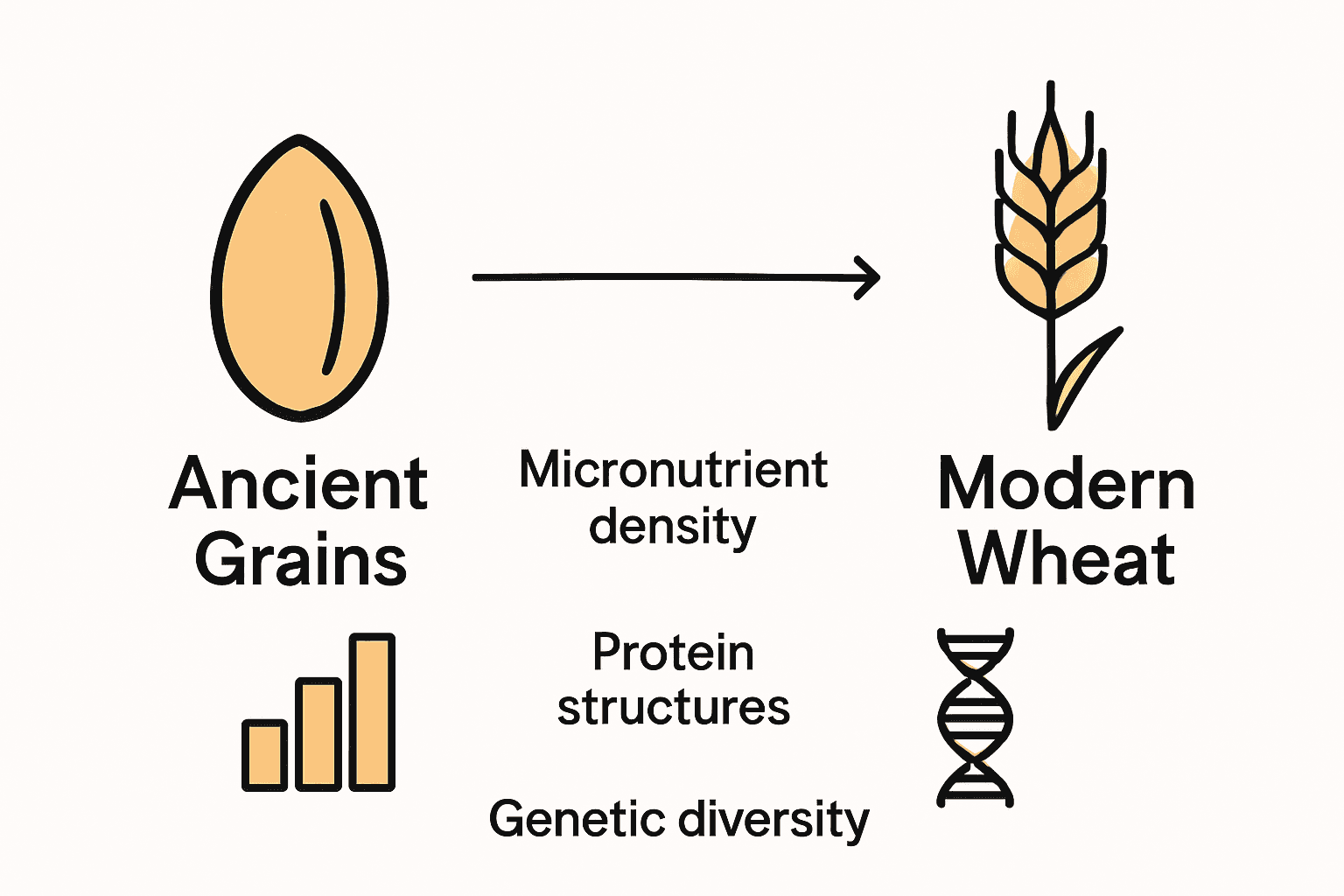 Comparison infographic showing differences between ancient grains and modern wheat.
