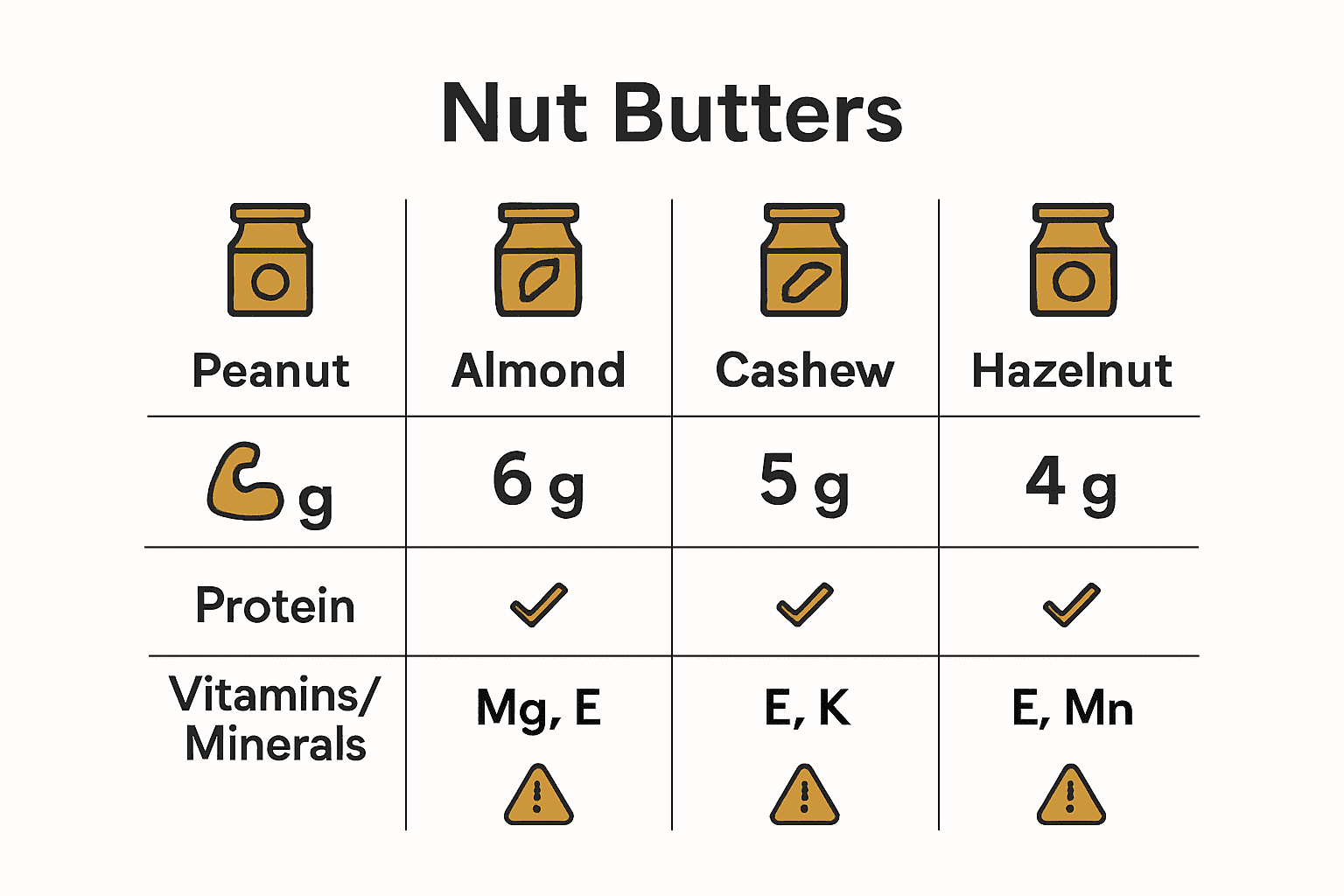 Nut butter comparison chart with icons for protein, fats, vitamins, and allergen warnings