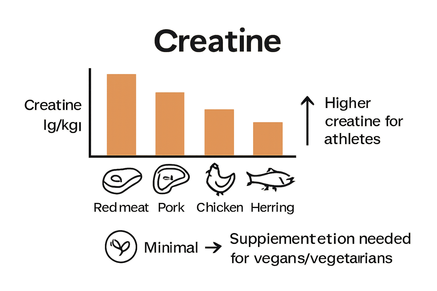 Infographic comparing creatine levels in meat, fish, and plant foods