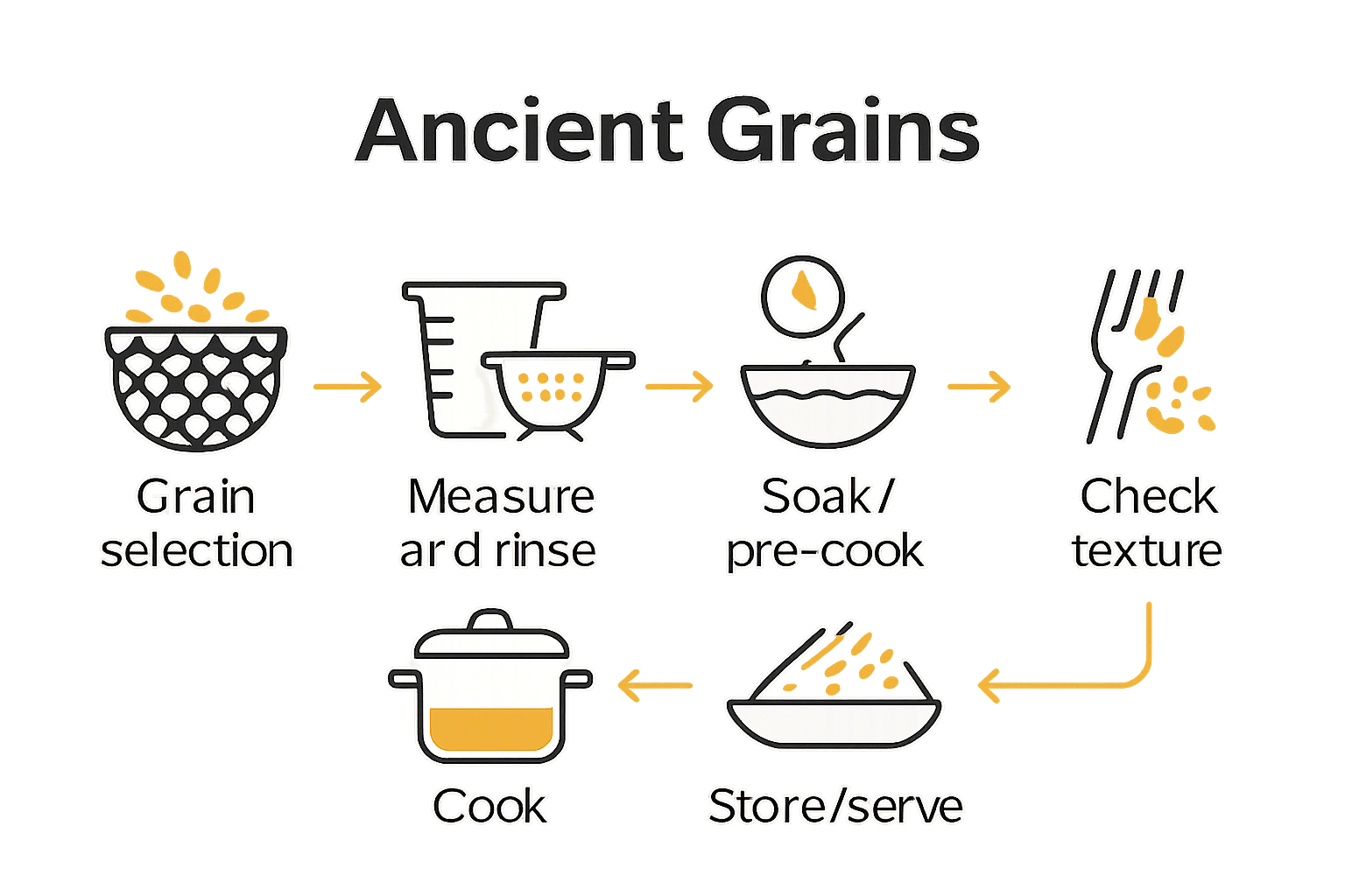 Infographic of ancient grain prep steps: selection, measuring, rinsing, soaking, cooking, checking texture, and storing.