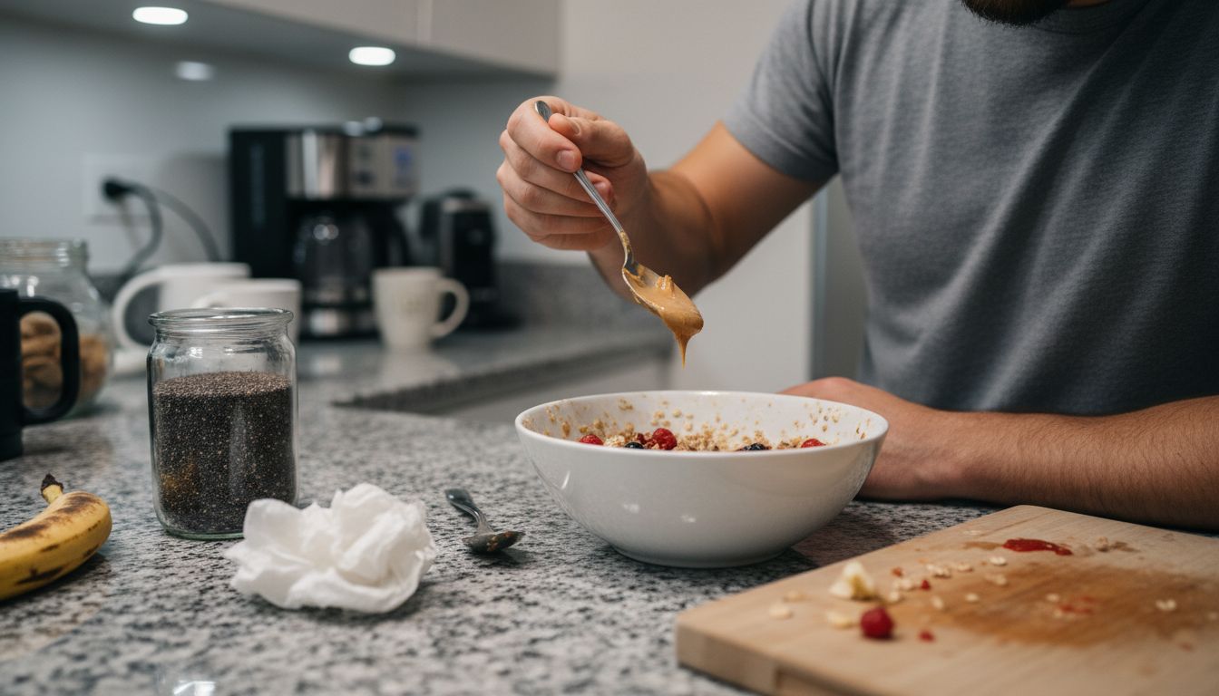 Man adding nut butter to breakfast bowl