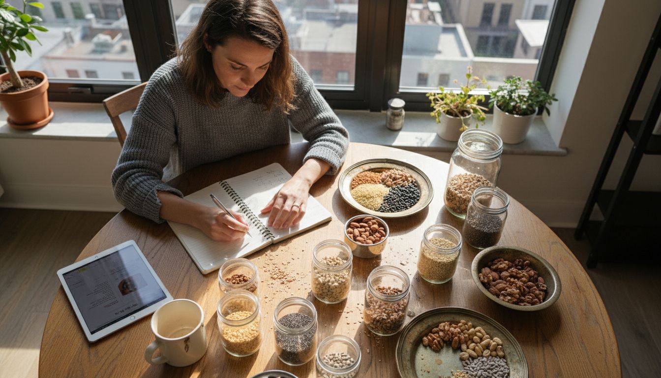 Grains, legumes, seeds, and nuts organized on table