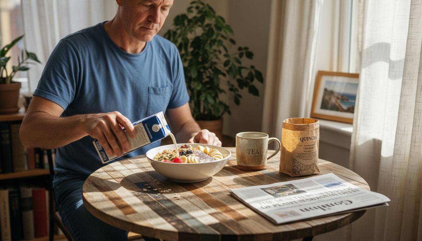 Man pouring milk on ancient grains breakfast