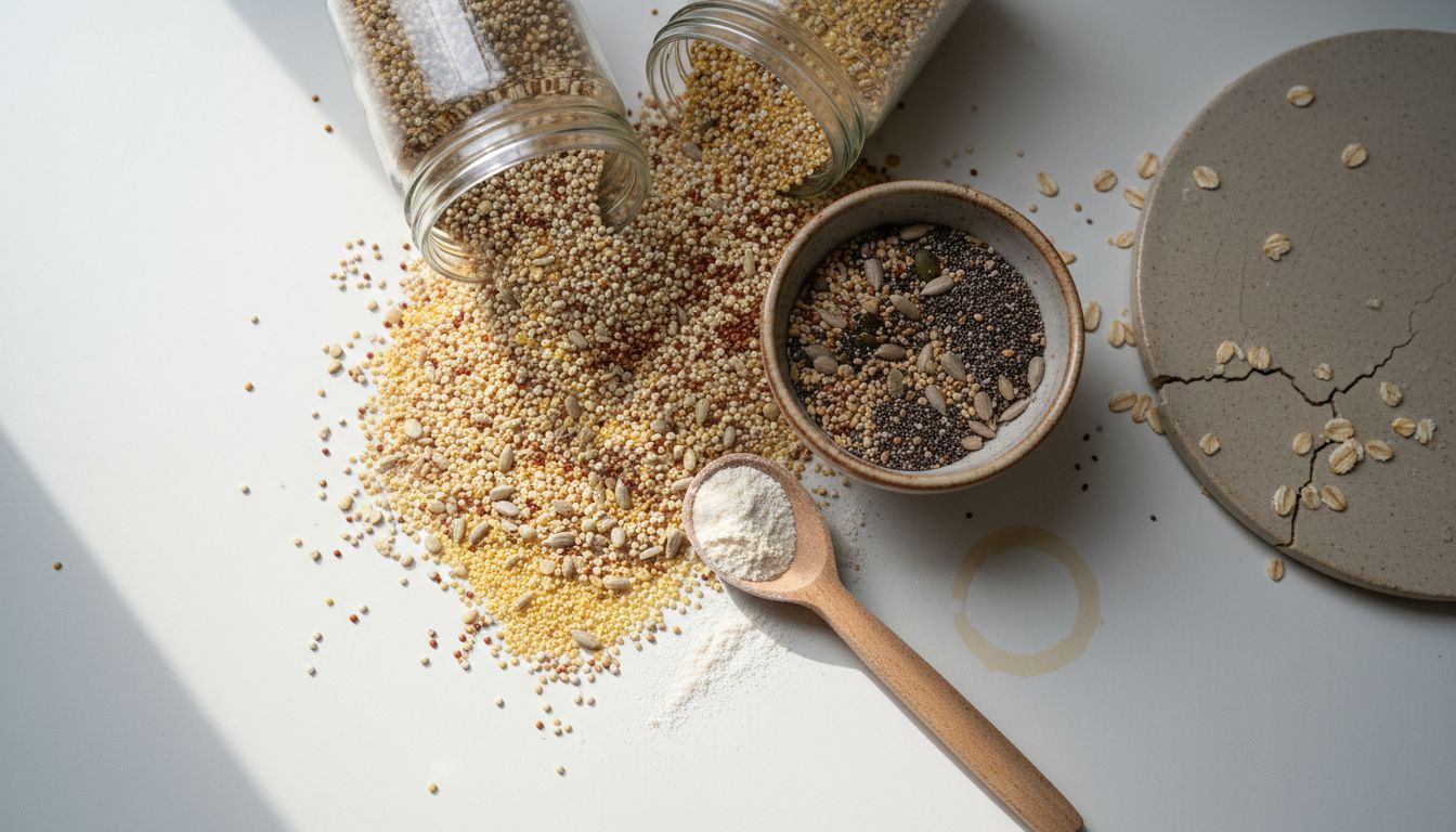Ancient grains and seeds on a kitchen counter