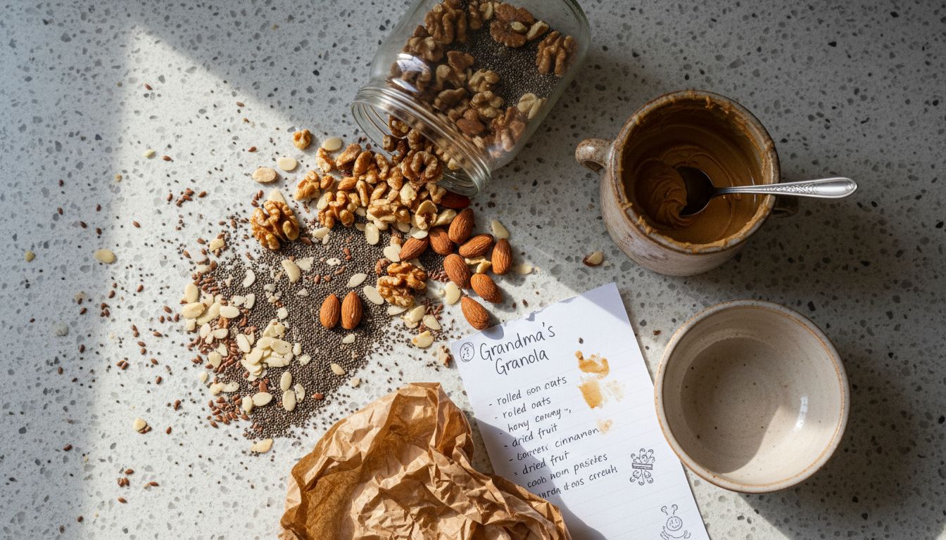 Nuts and seeds next to nut butter for porridge