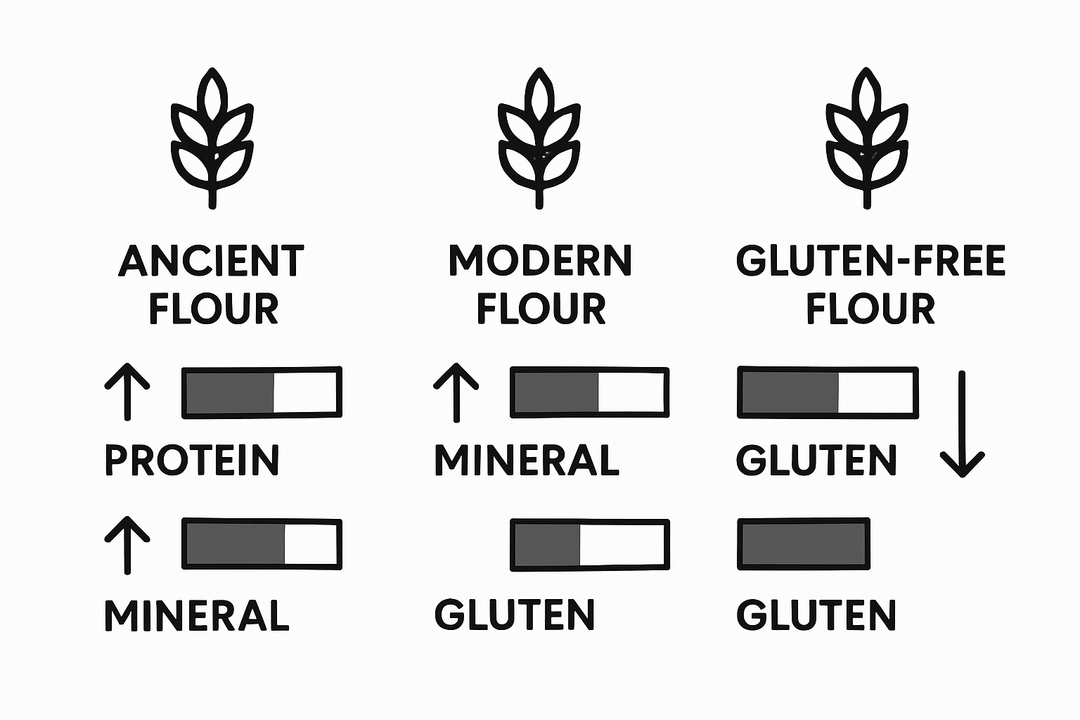 Comparison infographic: ancient, modern, gluten-free flours