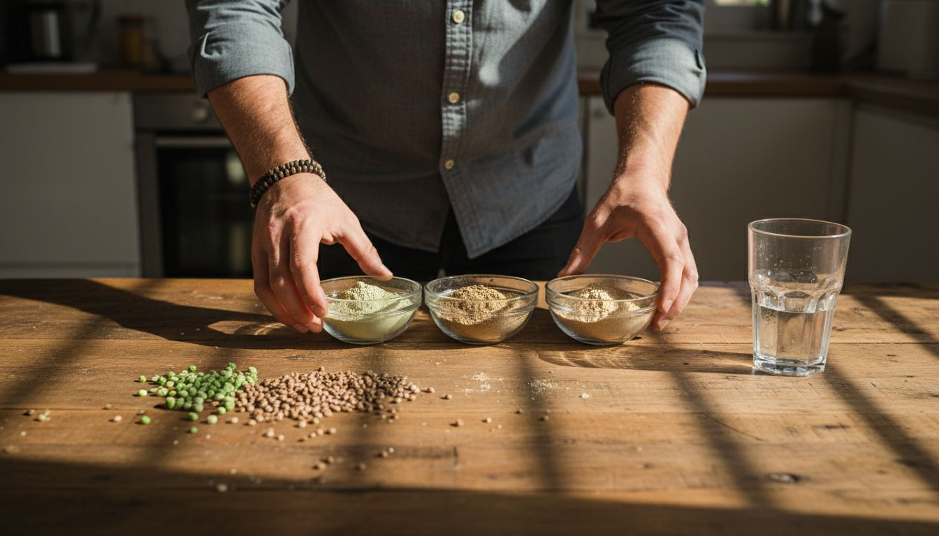 Different plant protein powders on dining table