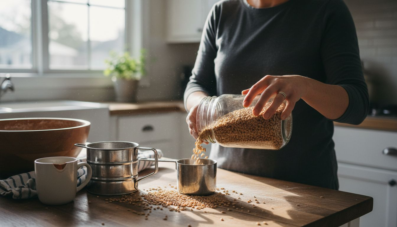 Preparing einkorn wheat in a bright kitchen