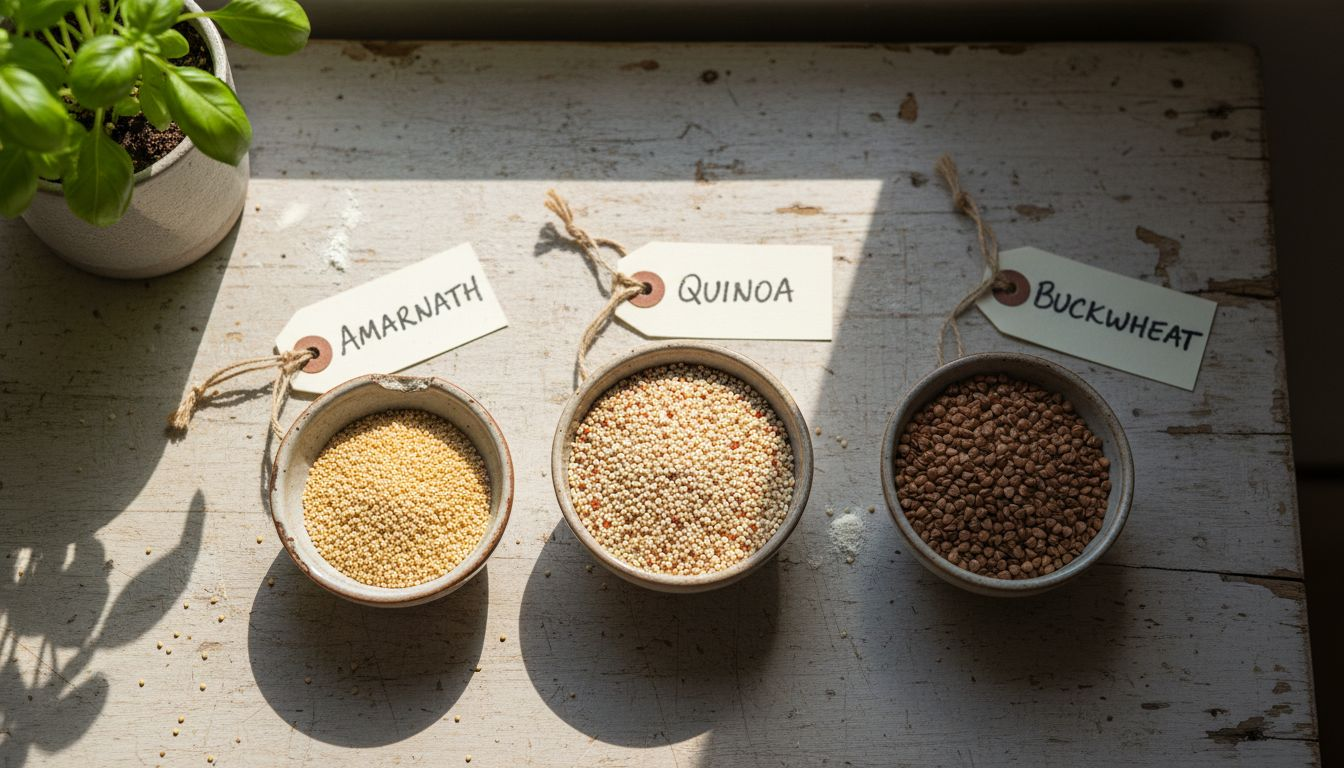 Bowls of grains on farmhouse counter