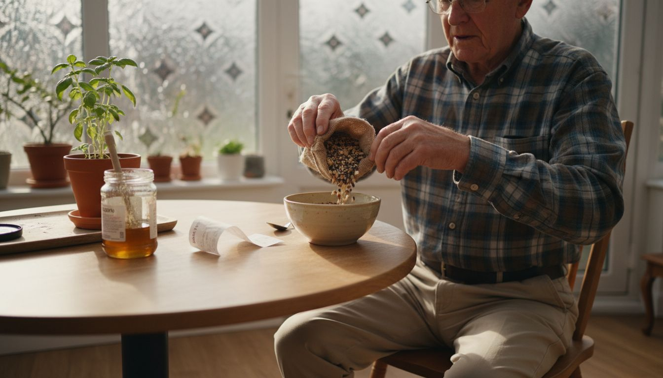 Senior preparing nuts and seeds breakfast