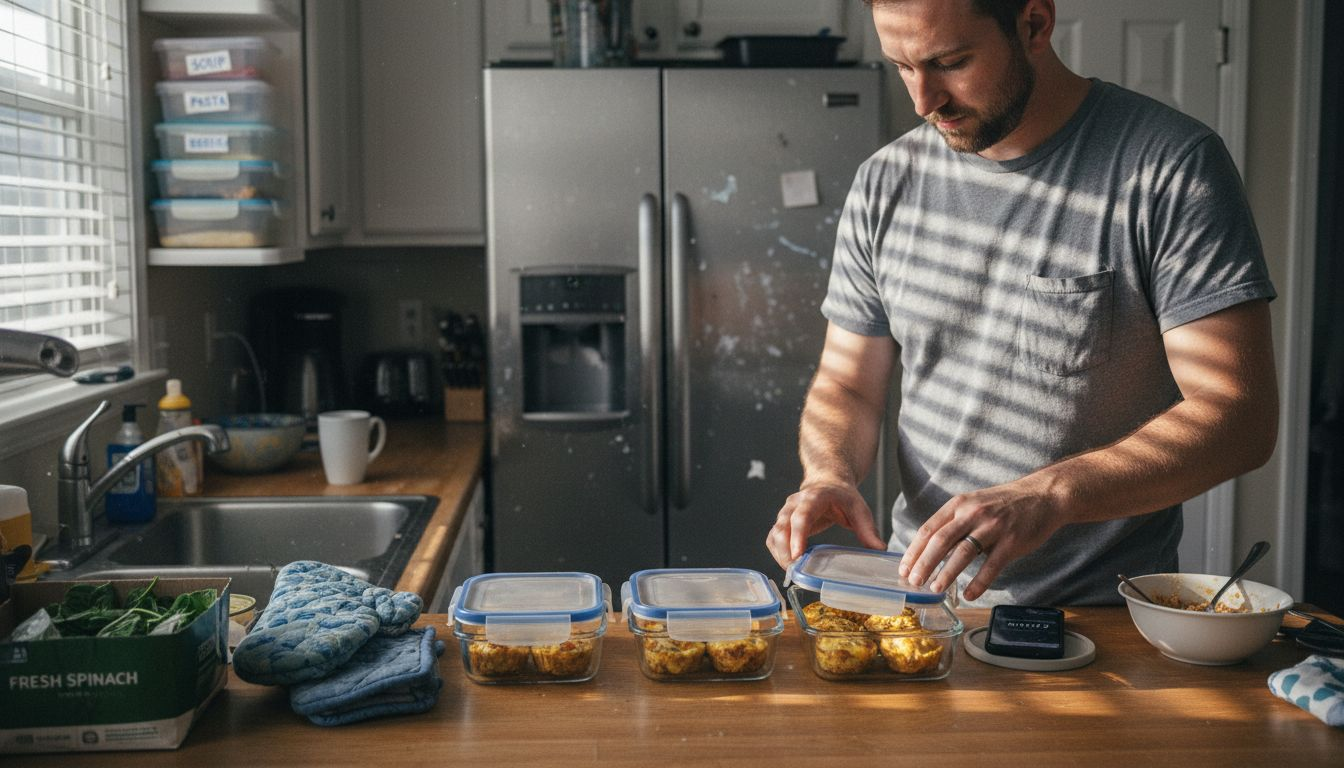 Man batch preparing healthy gluten free breakfasts