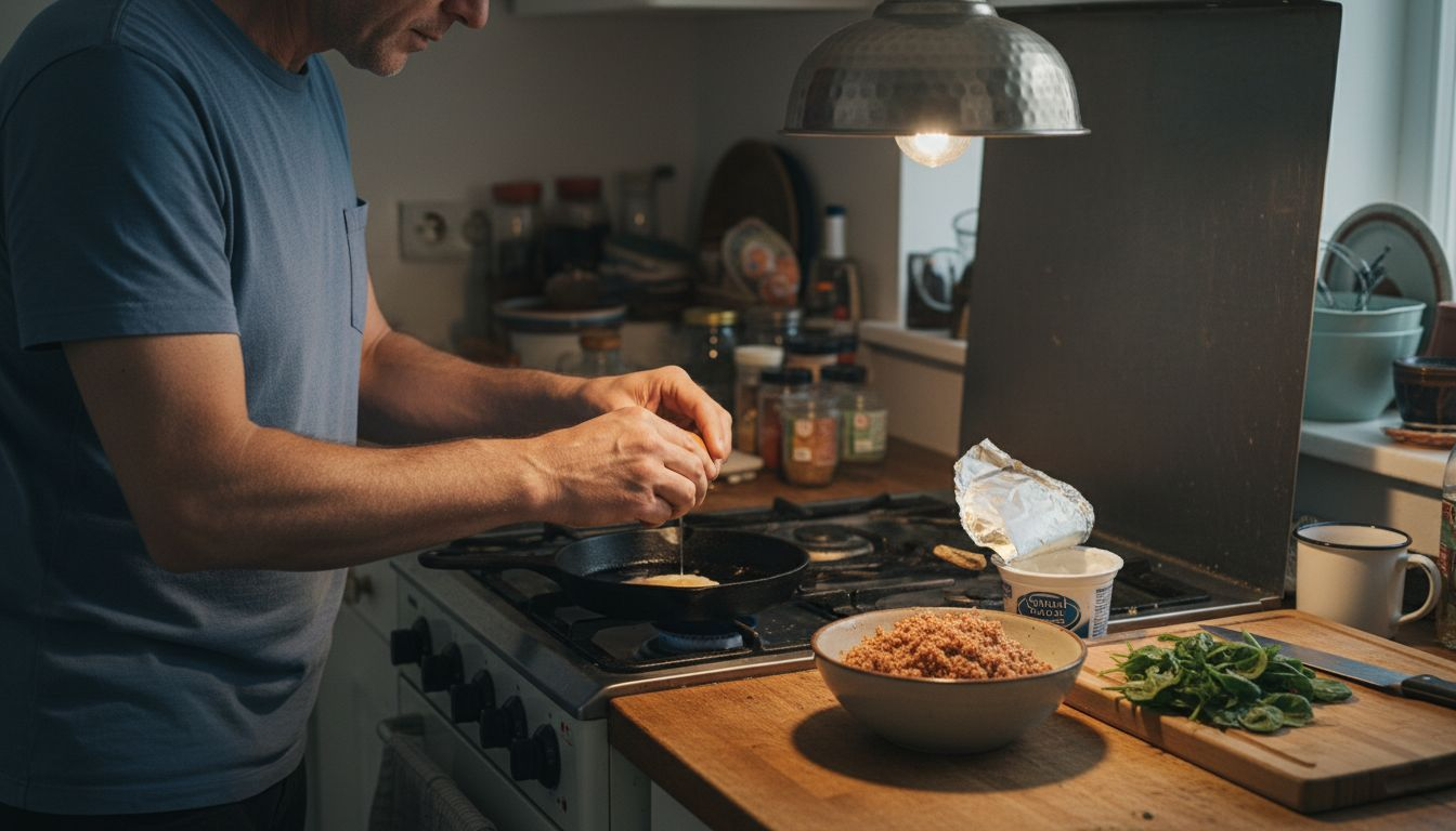 Man cooking variety of protein-rich breakfast foods