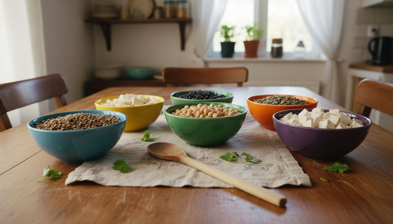 Table with bowls of lean plant protein foods