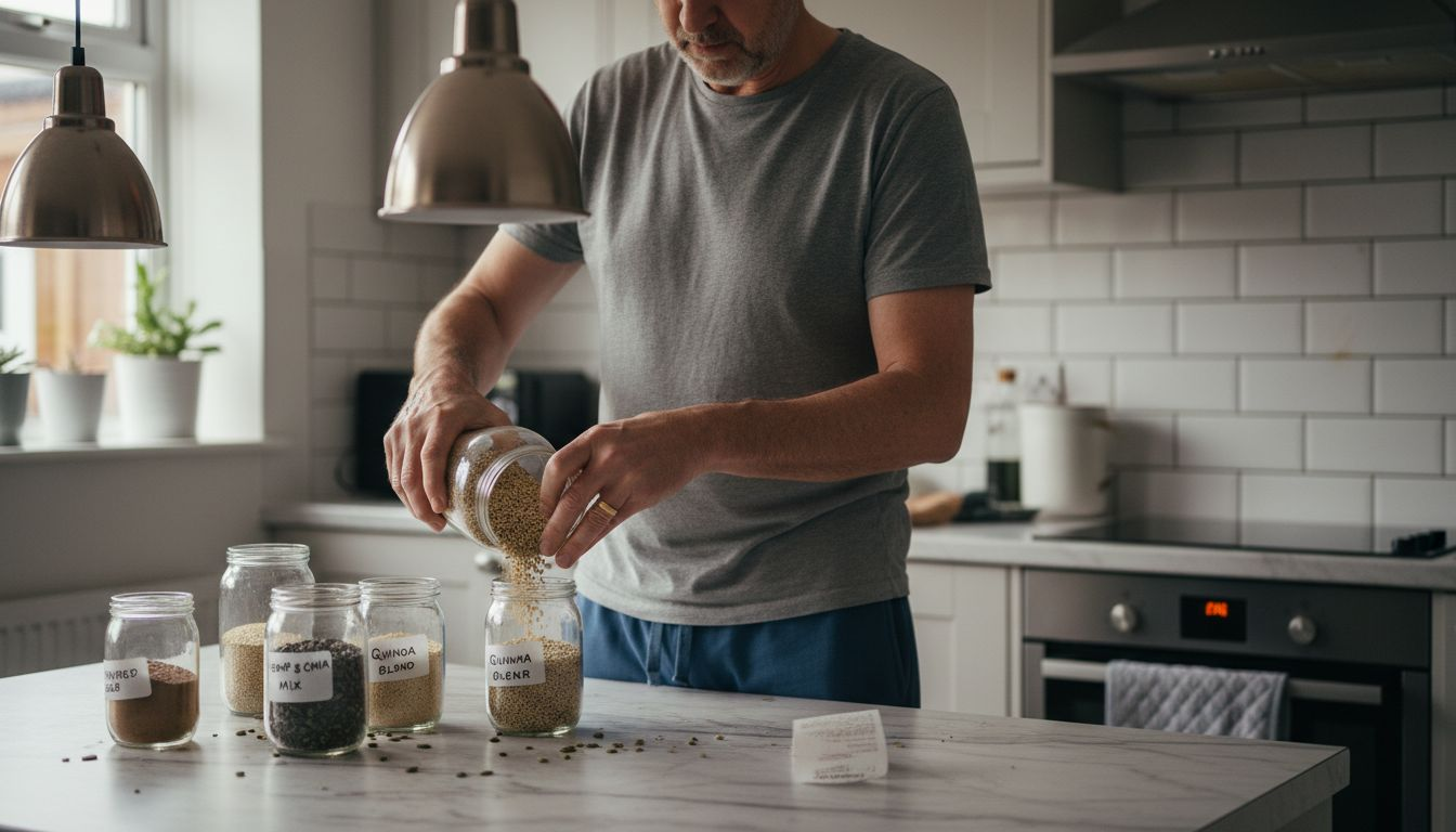 Man organizing ancient grains and seeds