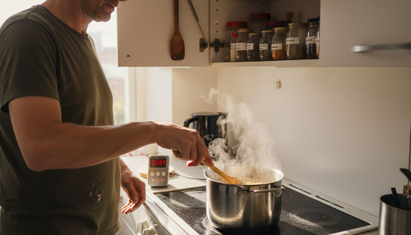 Simmering ancient grains on kitchen stove