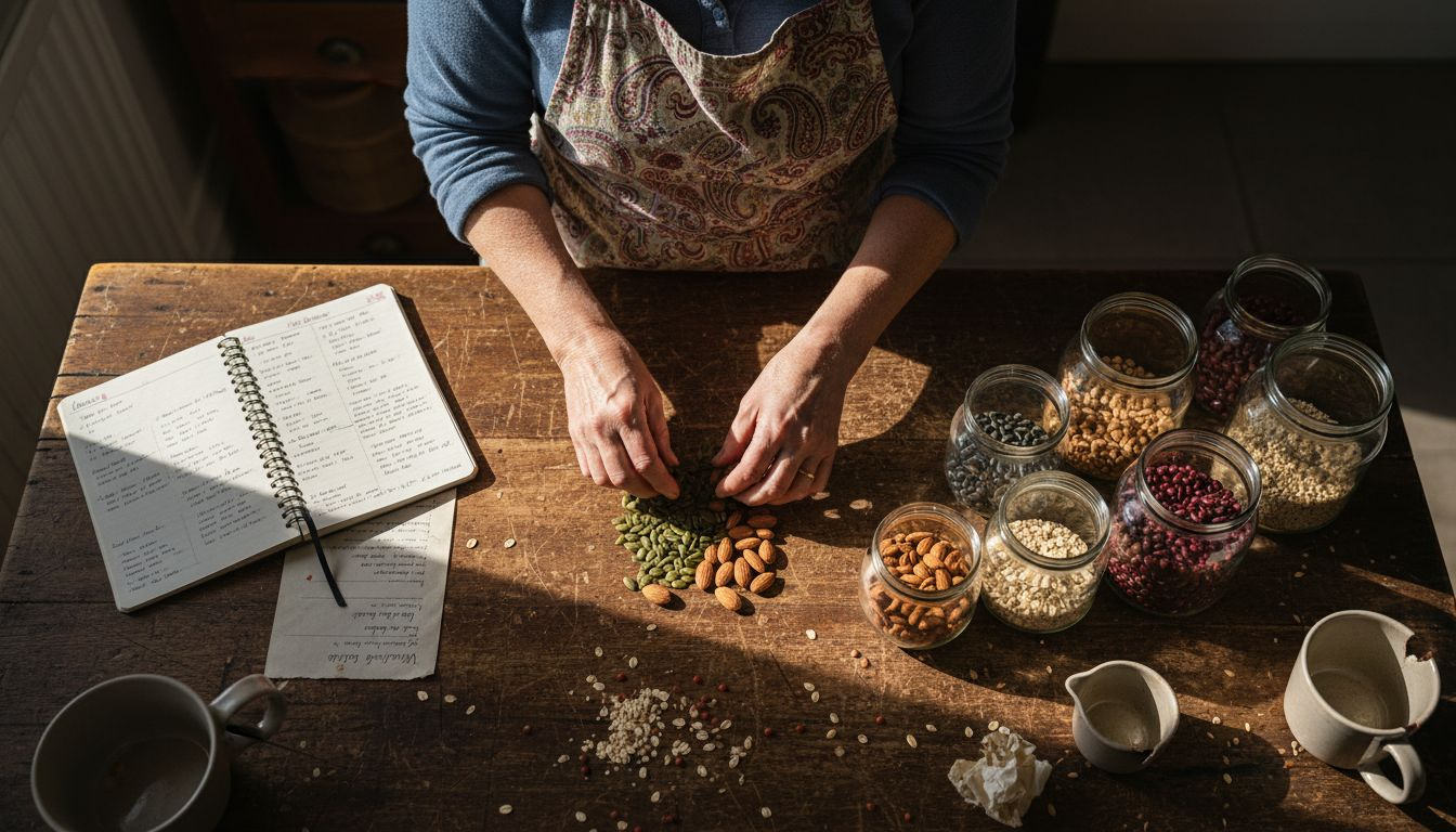 Sorting mixed grains, nuts, and seeds on kitchen table