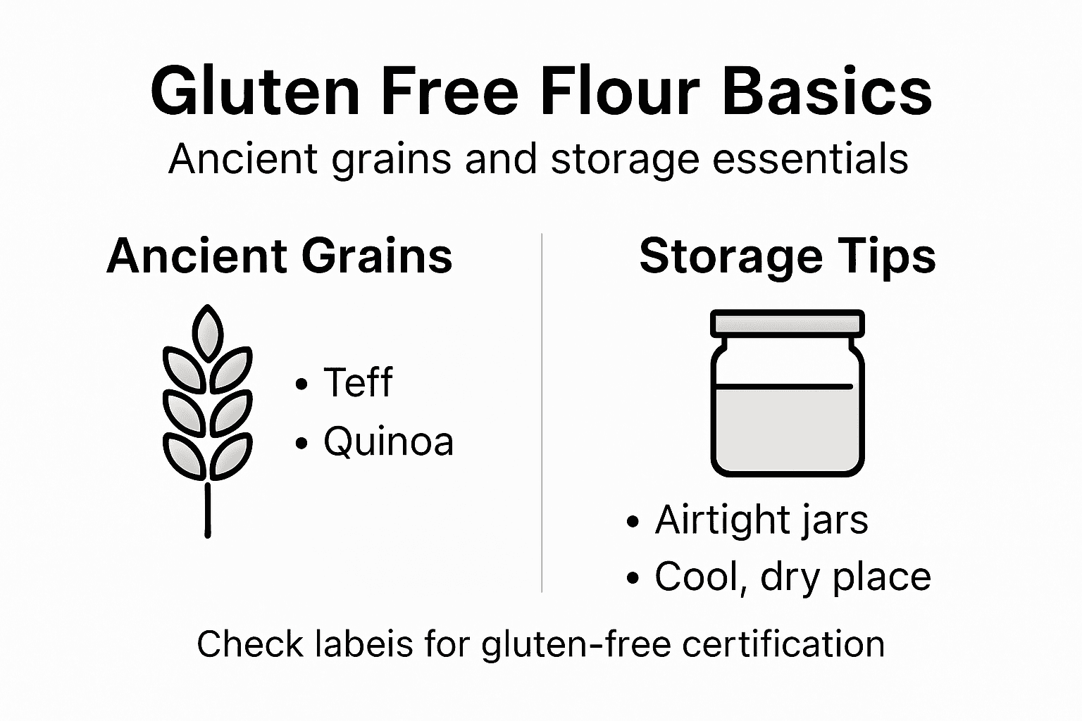Infographic showing gluten free flour types and storage