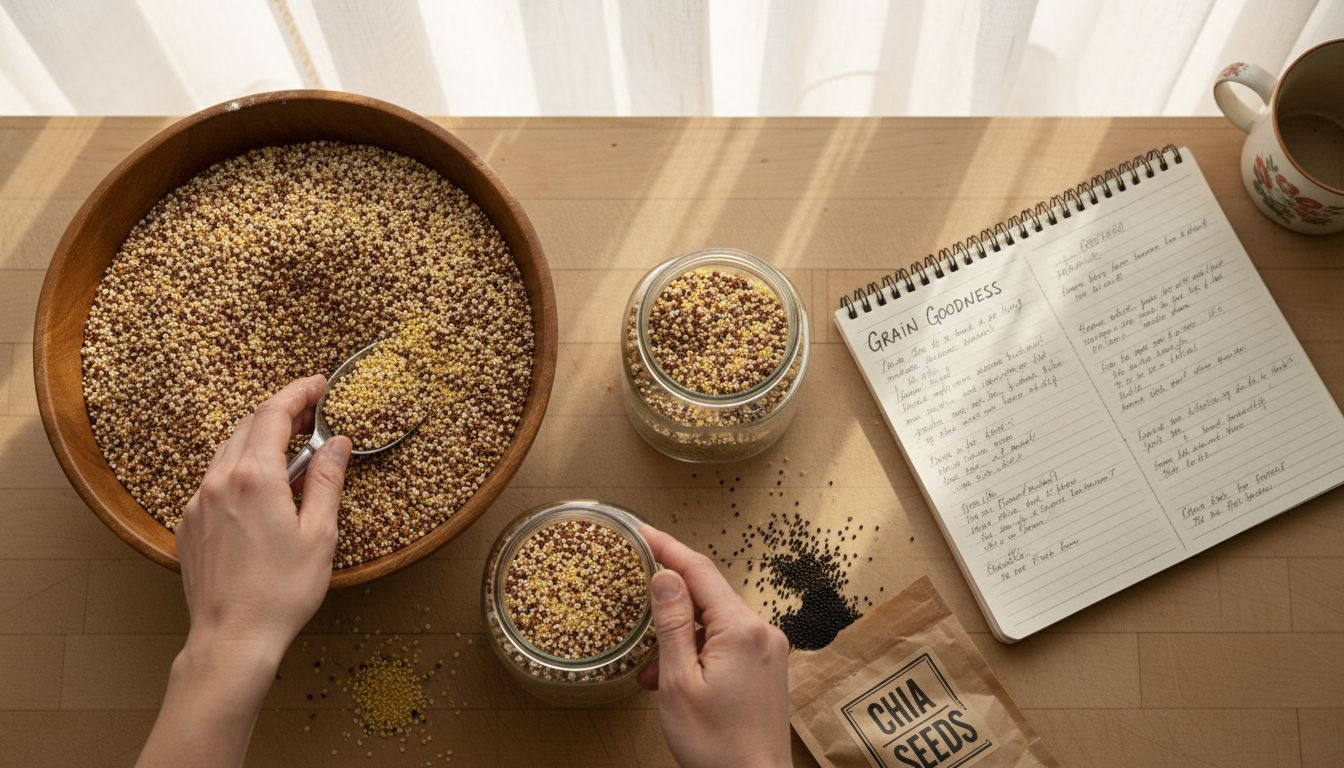 Hands sorting ancient grains and seeds