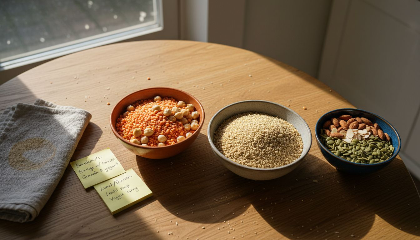 Bowls of lentils grains nuts on table
