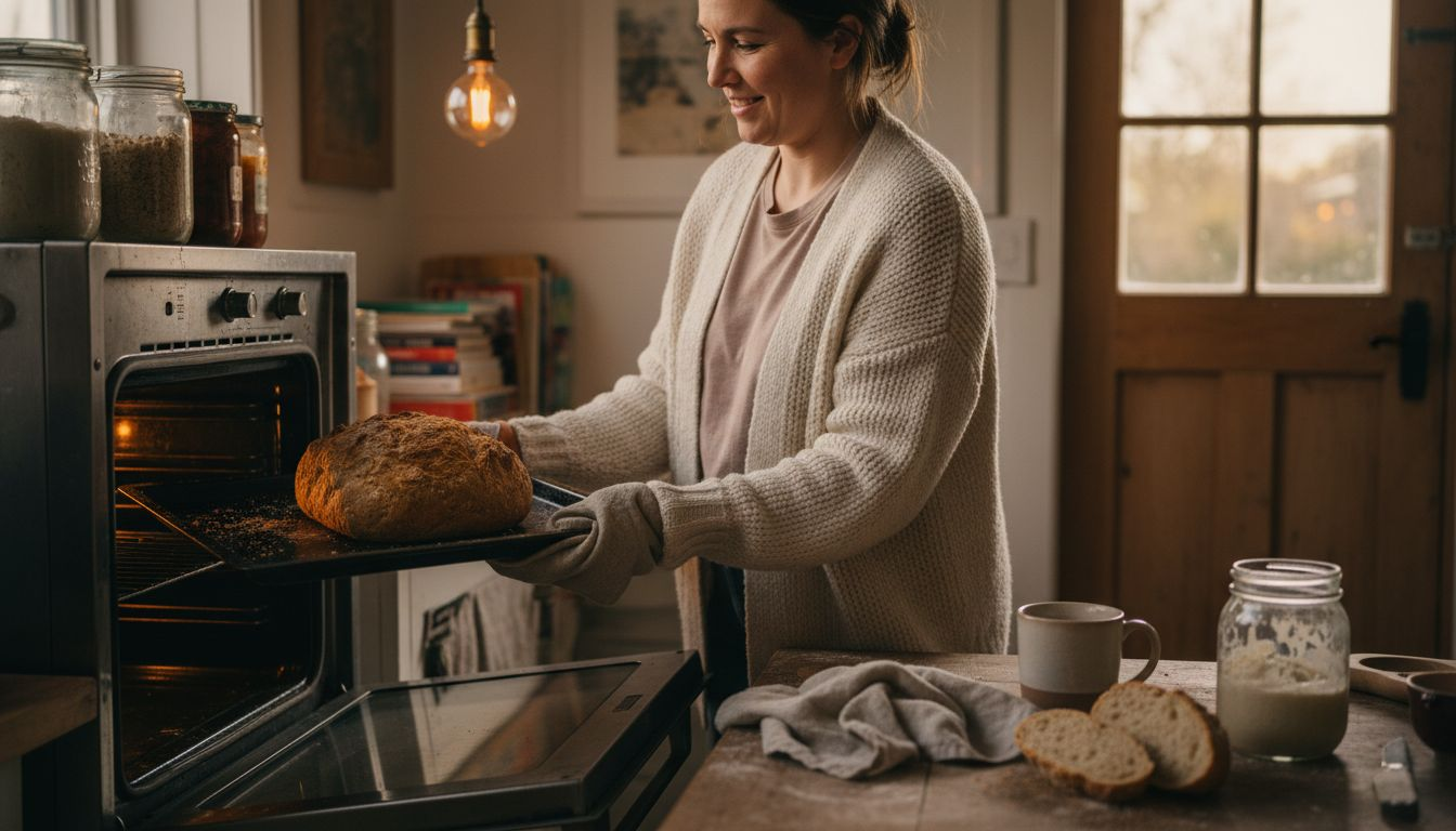 Woman removing einkorn bread from oven