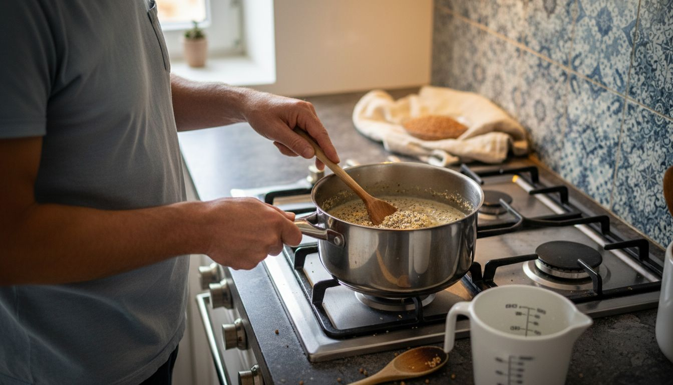 Man stirring oatmeal and ancient grains on stove