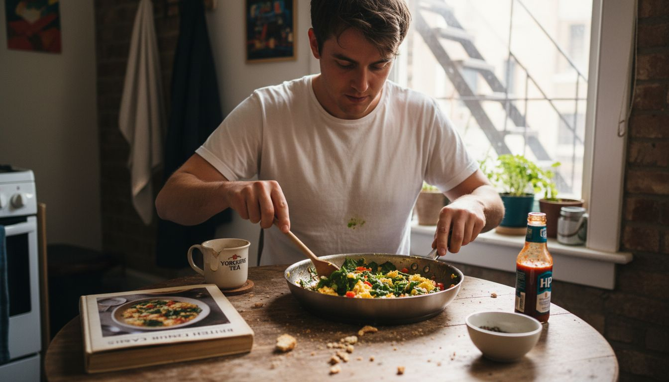 Man preparing breakfast with greens and eggs