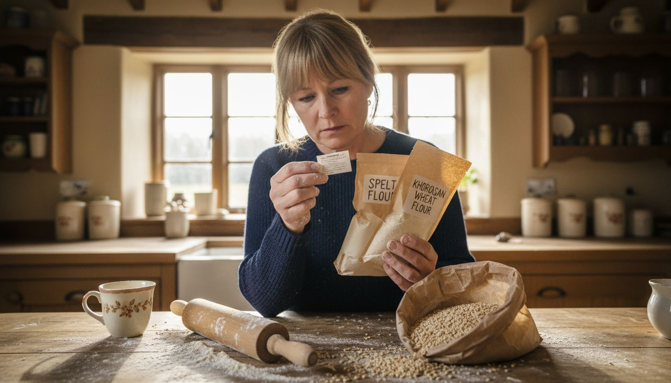 Woman checking spelt, khorasan wheat labels