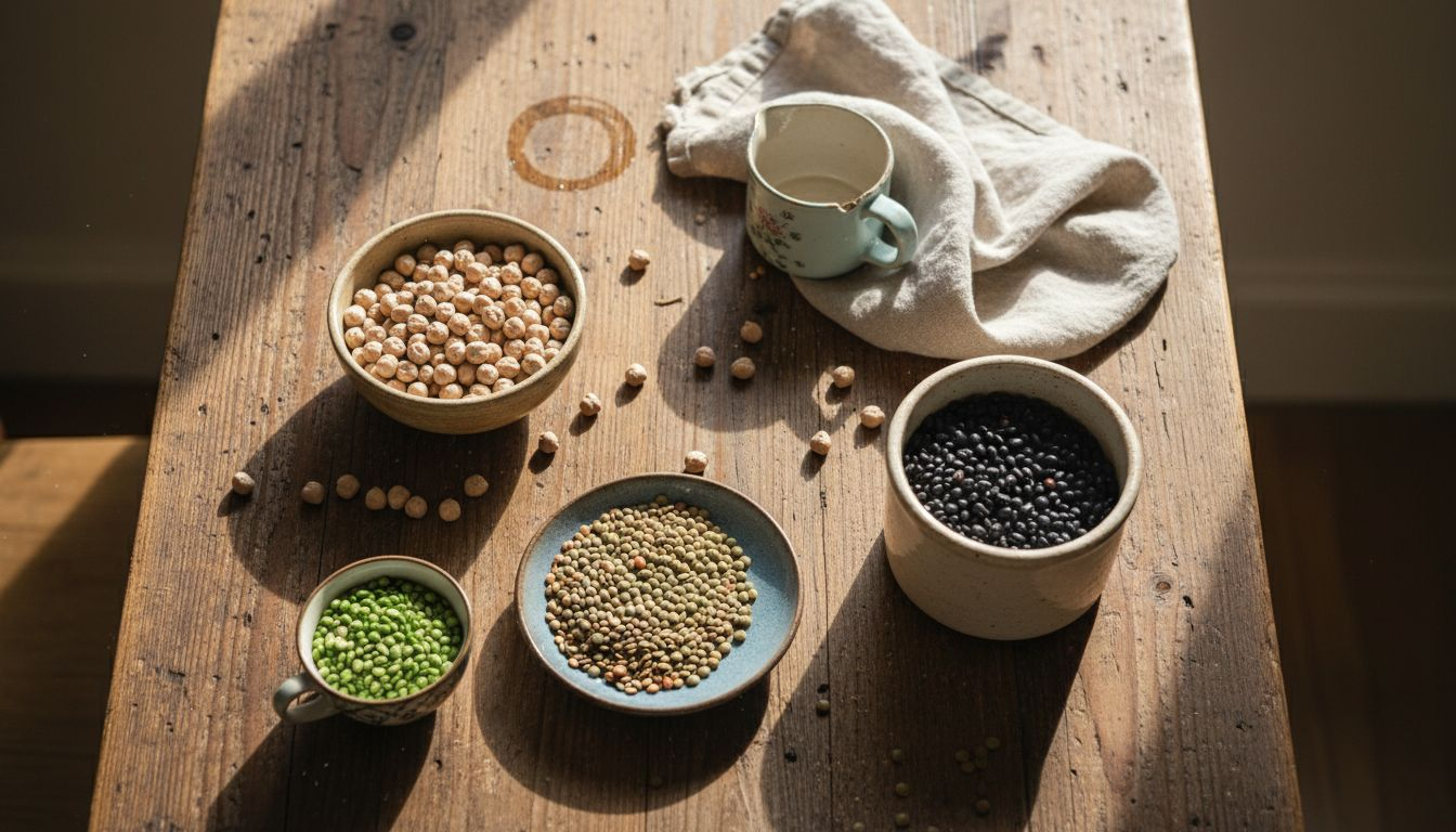 Different legumes in bowls on table